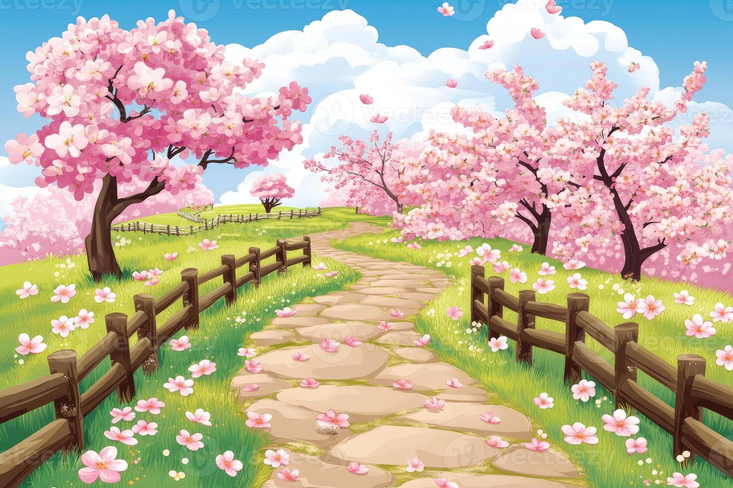 Springtime path winding through blossoming cherry trees photo