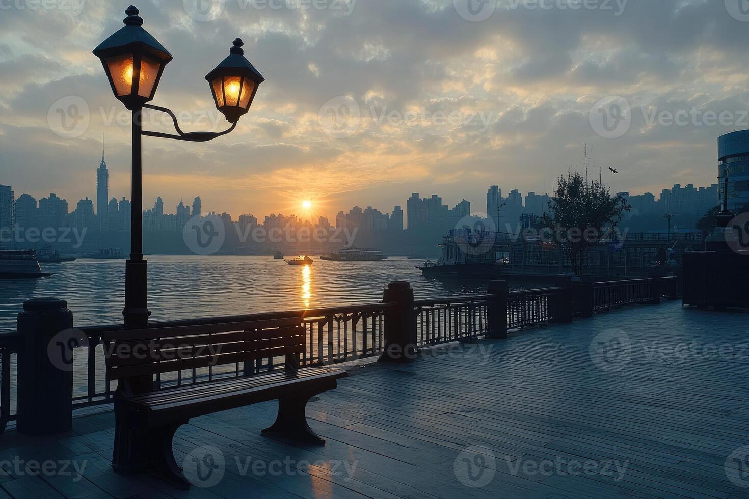 Sunrise over cityscape, tranquil waterfront photo