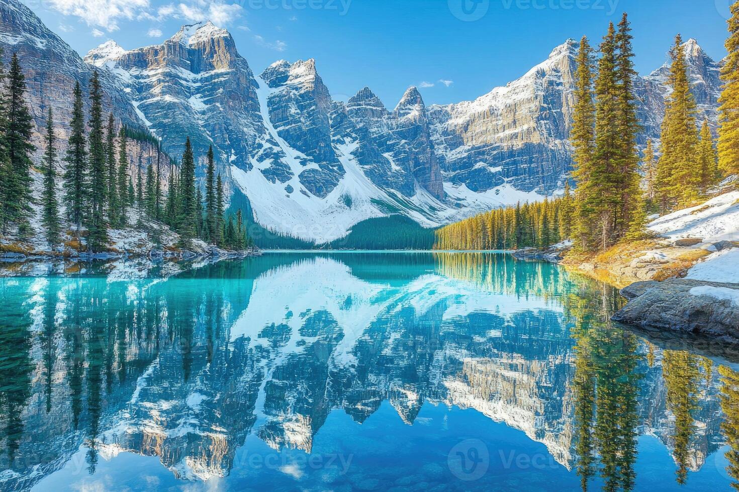 Serene alpine lake, snow-capped peaks mirrored photo