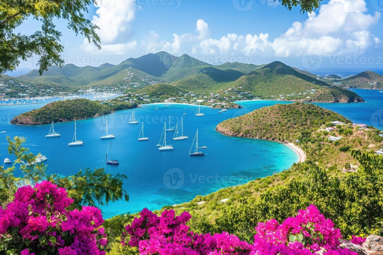 Tropical island bay, yachts, and lush hills photo