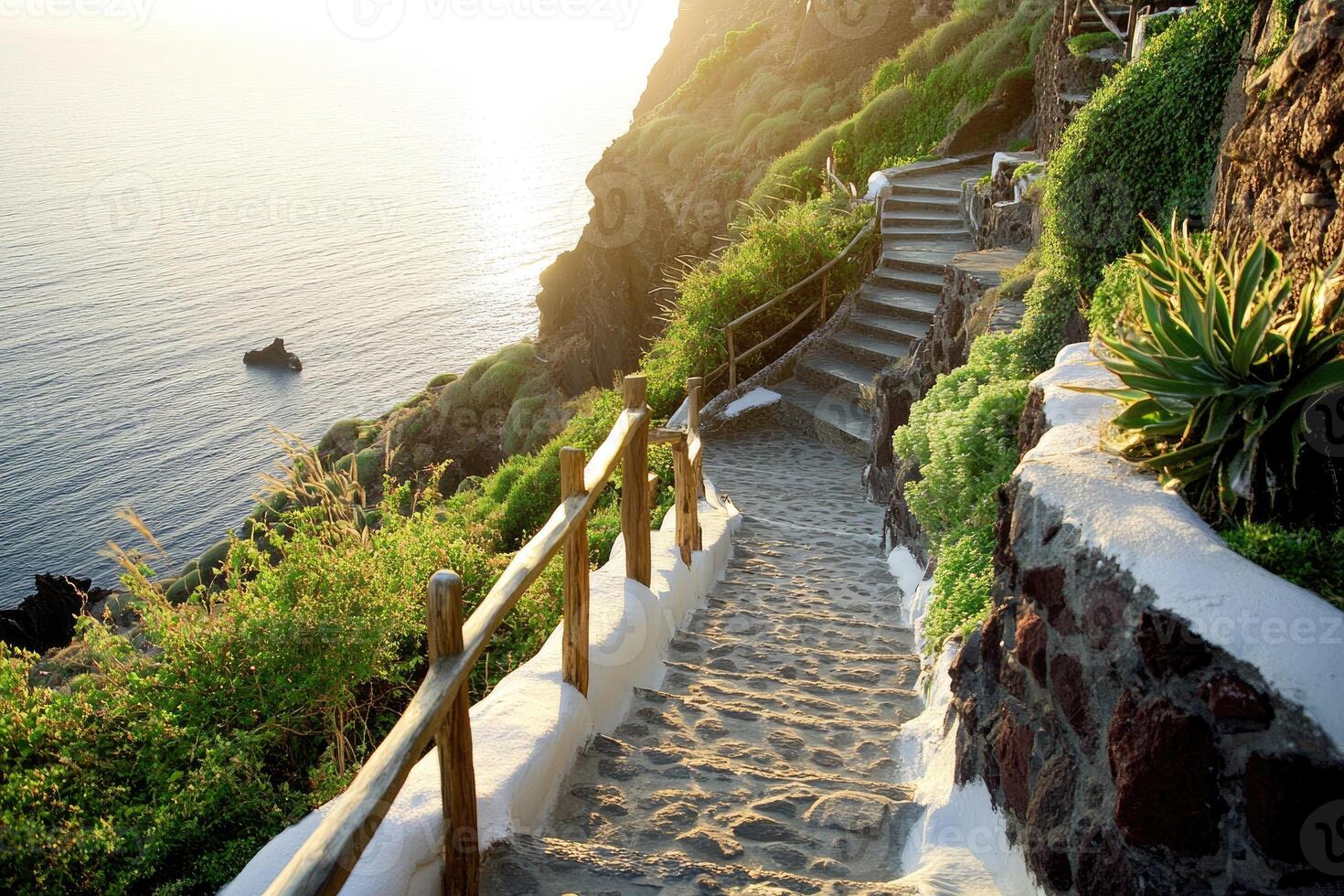 Coastal pathway winding down a volcanic cliff face at sunrise. Sunlight highlights the stone steps and greenery photo