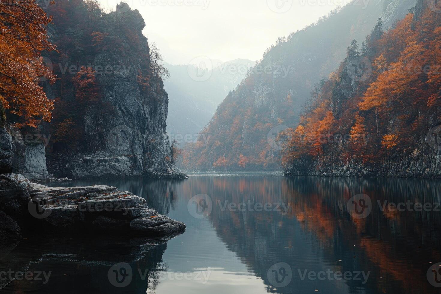 Autumnal mountain lake, serene reflections photo