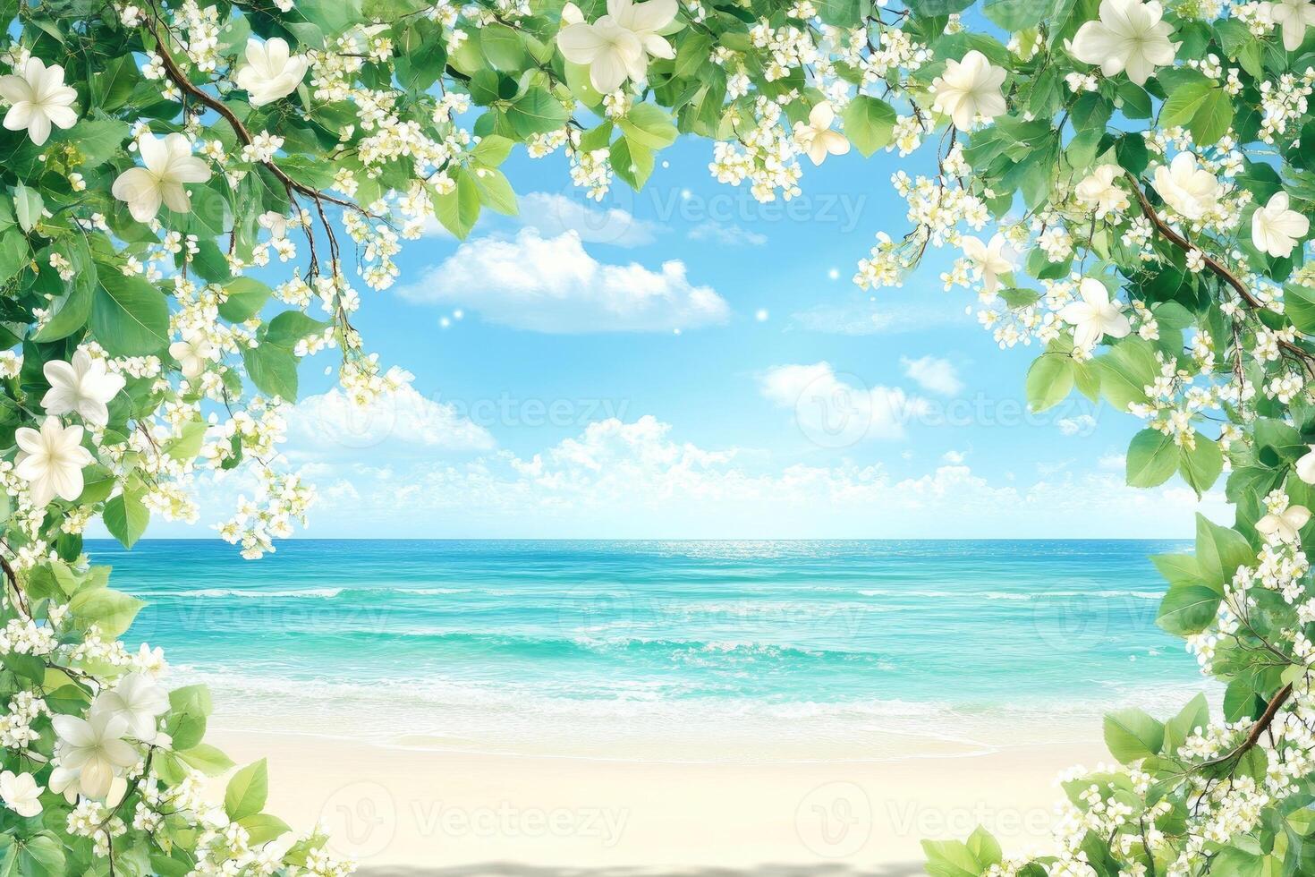 Floral beach scene with turquoise ocean photo