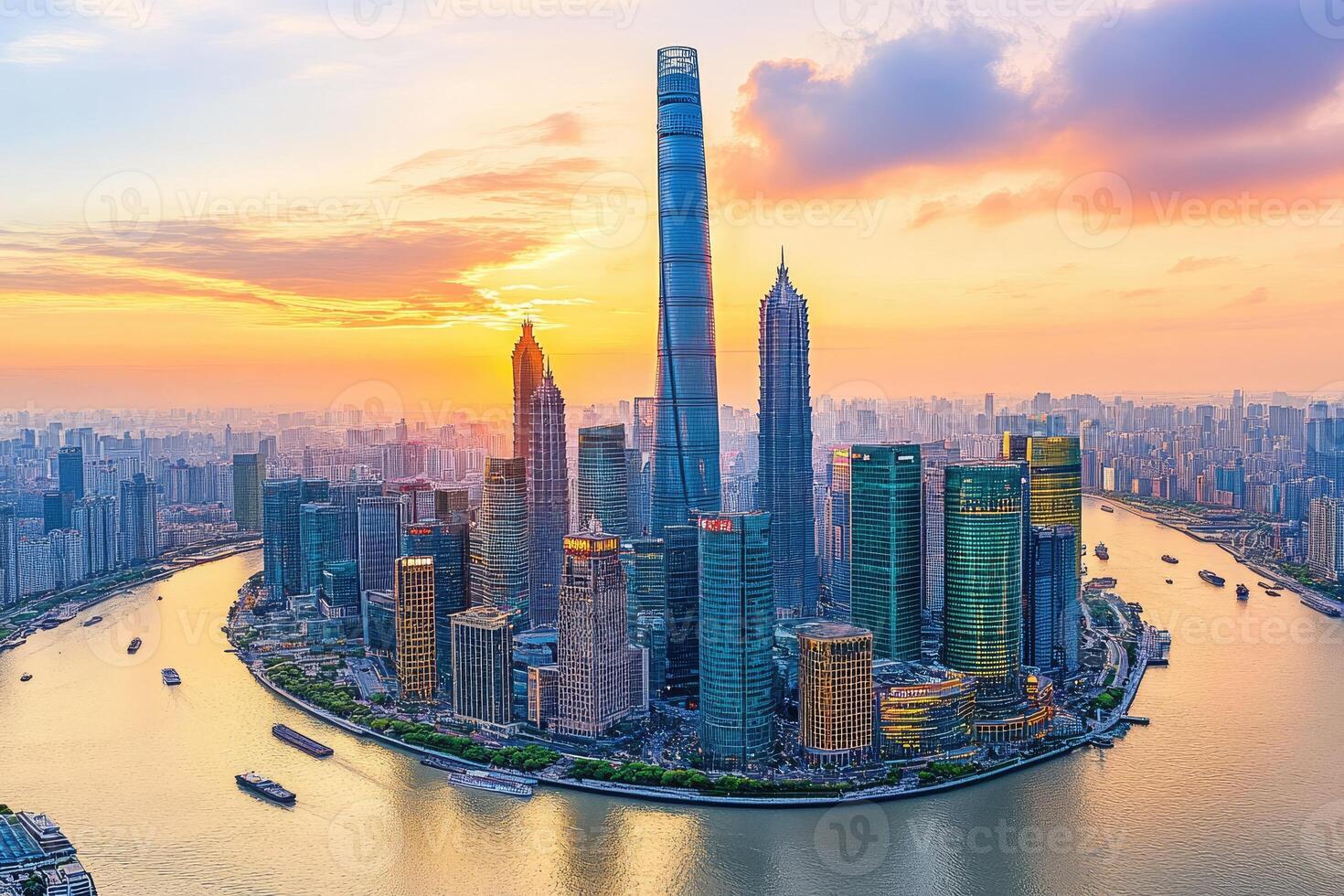 Panoramic cityscape at sunset over a river, showcasing numerous skyscrapers and a vibrant skyline photo