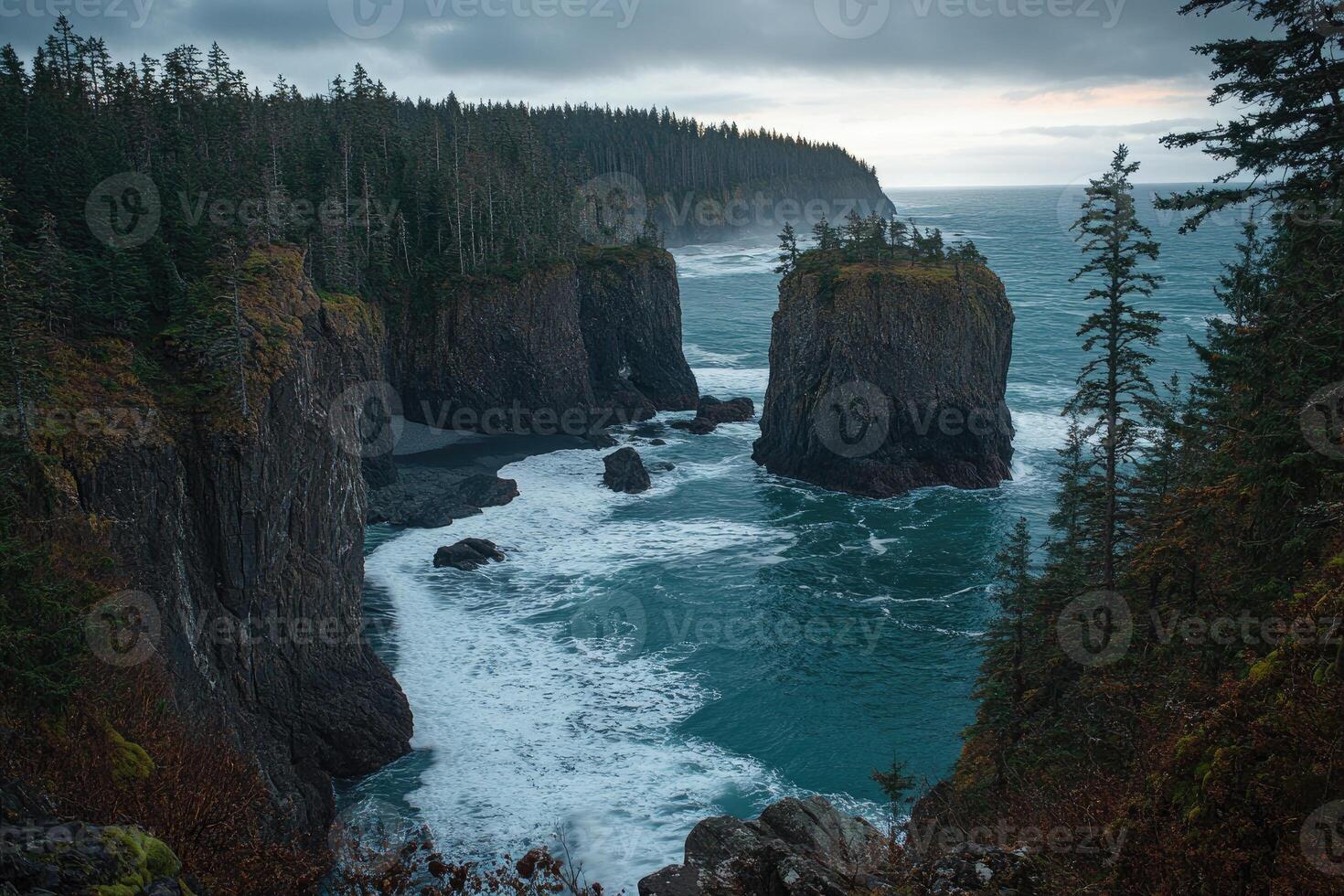 Rugged coastline with dramatic waves crashing against dark rock formations. Lush forest meets the turbulent sea photo