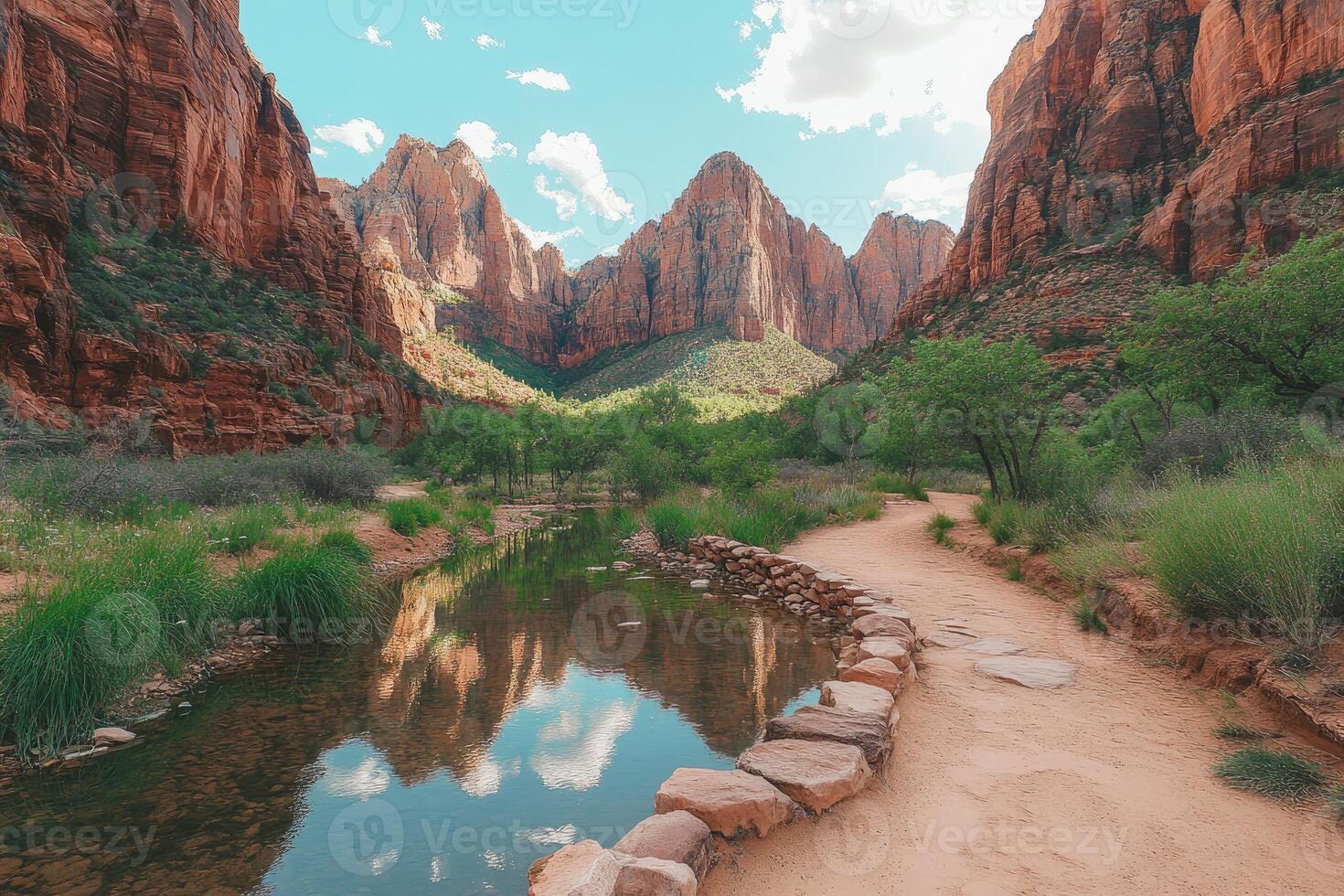 Canyon pathway reflects sky photo