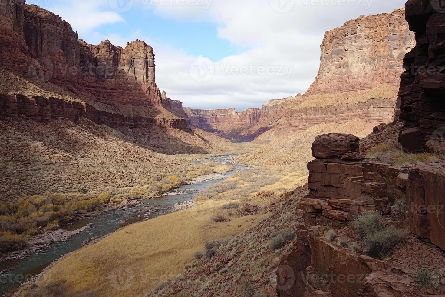 Canyon vista with river and rock formations photo