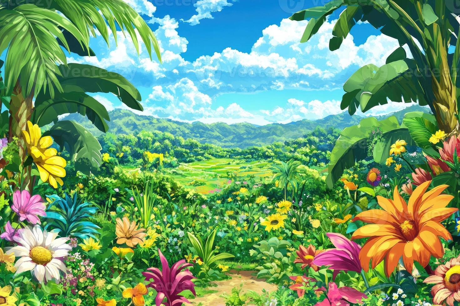 Lush, vibrant valley with colorful flowers and lush greenery photo