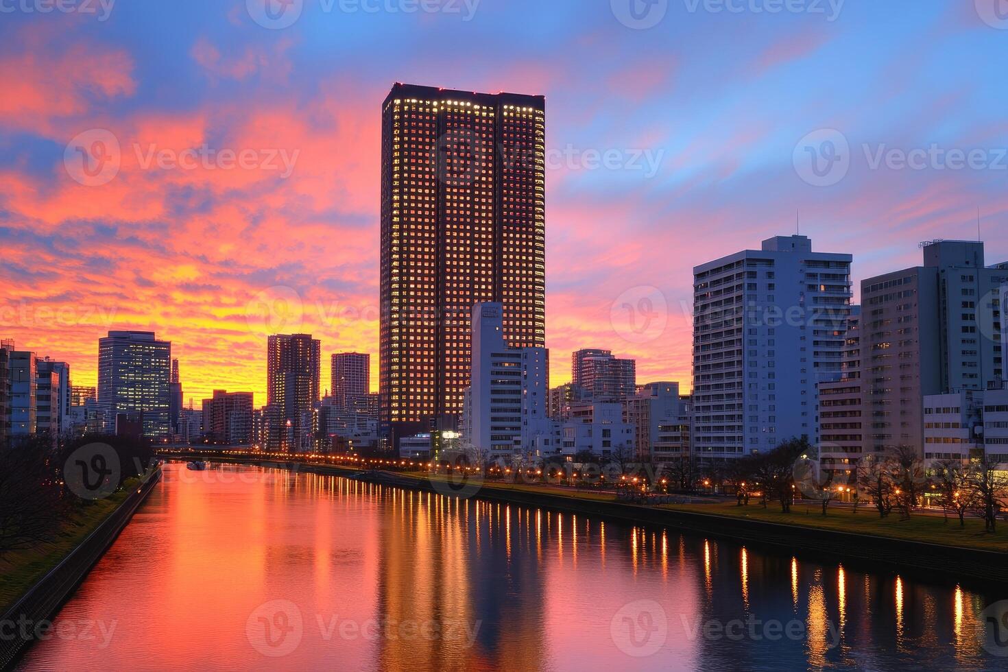 City skyline at sunrise over river photo