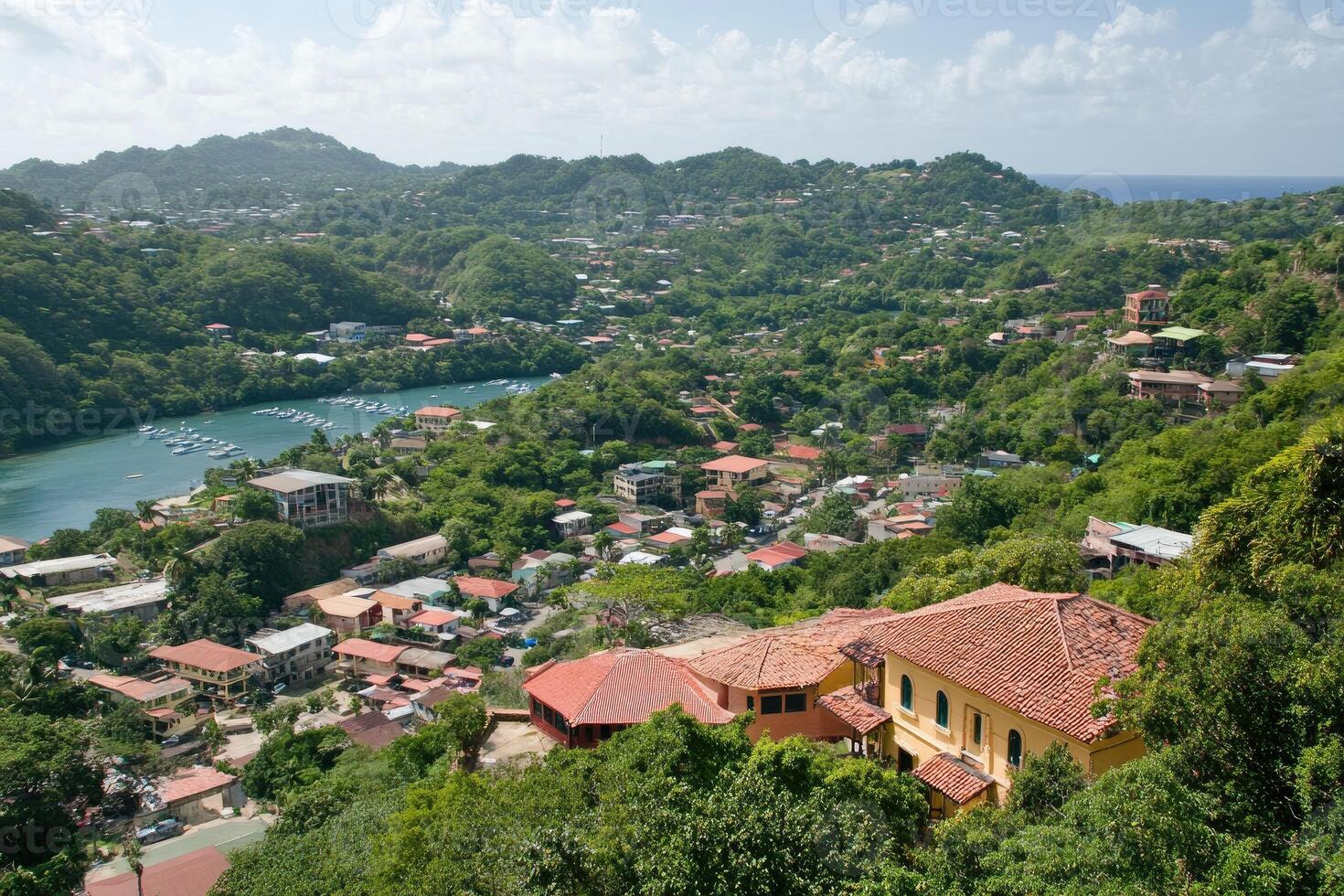 Coastal town nestled in lush hills photo
