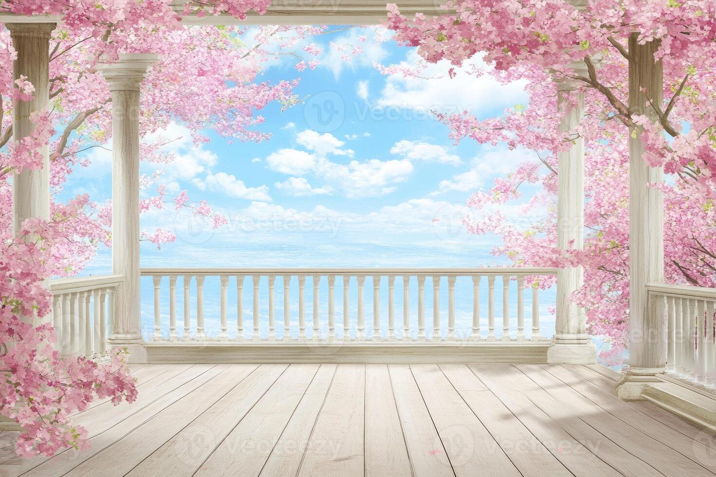 Floral balcony overlooking a serene ocean view photo