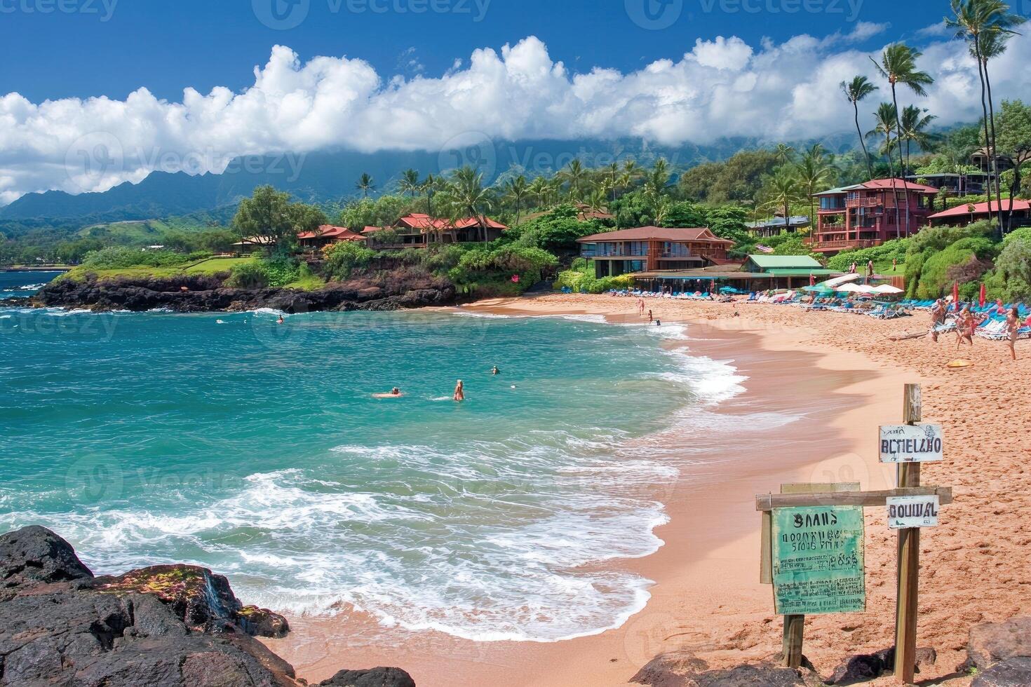 Tropical beach paradise with calm turquoise water, sandy shore, and lush vegetation. Coastal resort town nestled against the backdrop of volcanic mountains photo