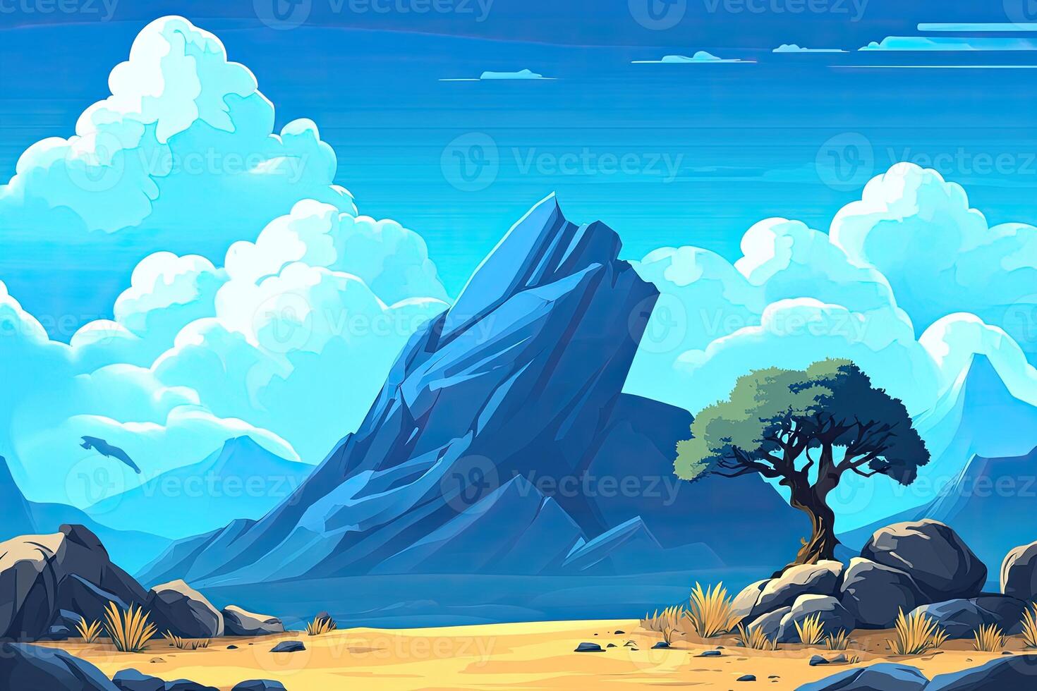 Vast landscape, vibrant colors, dramatic mountain photo