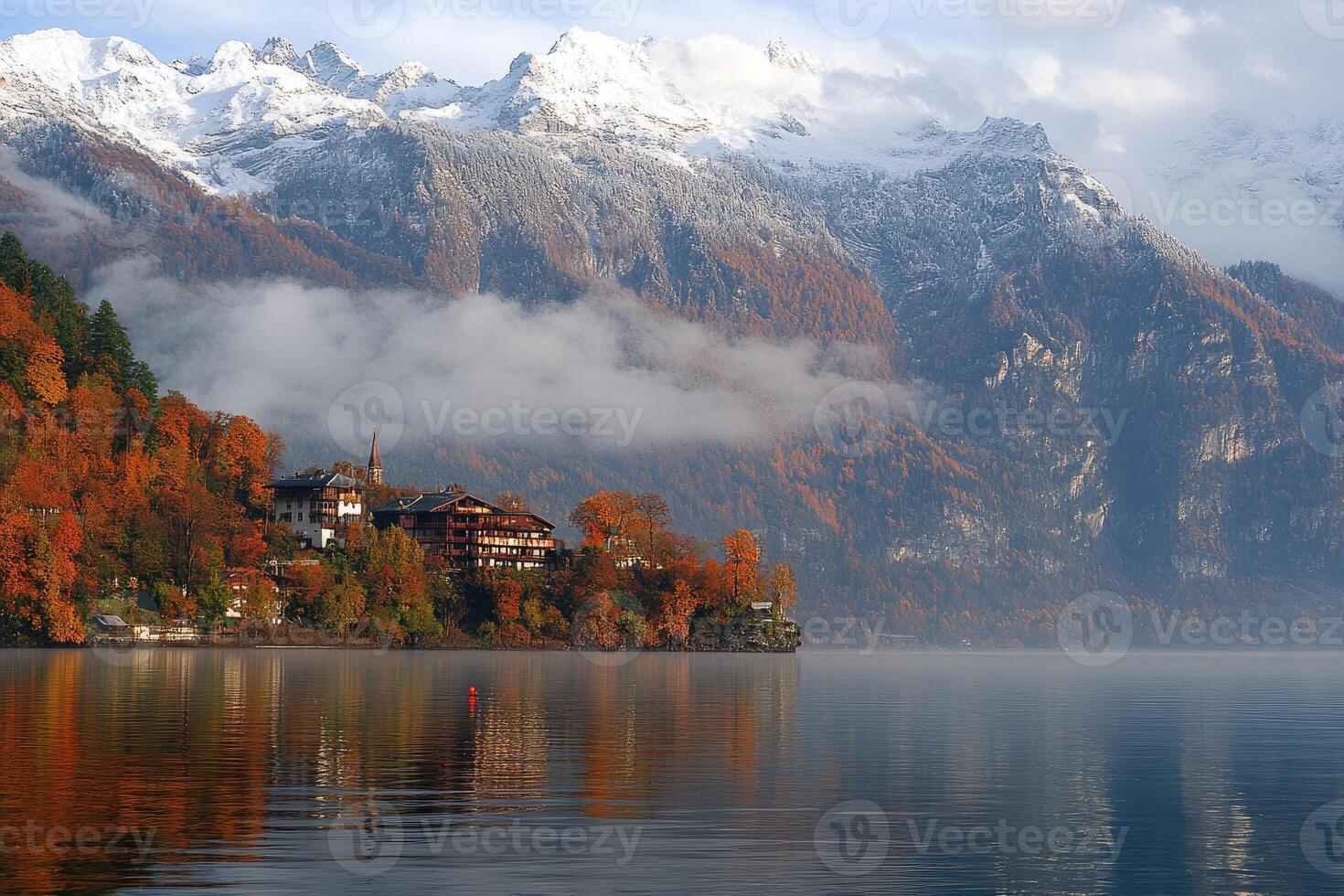 Autumnal mountain lake scene with vibrant colors photo