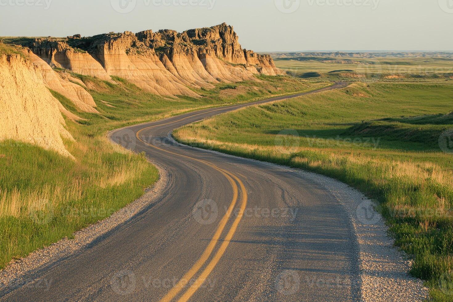 Winding road through a grassy plain, bordered by buttes photo
