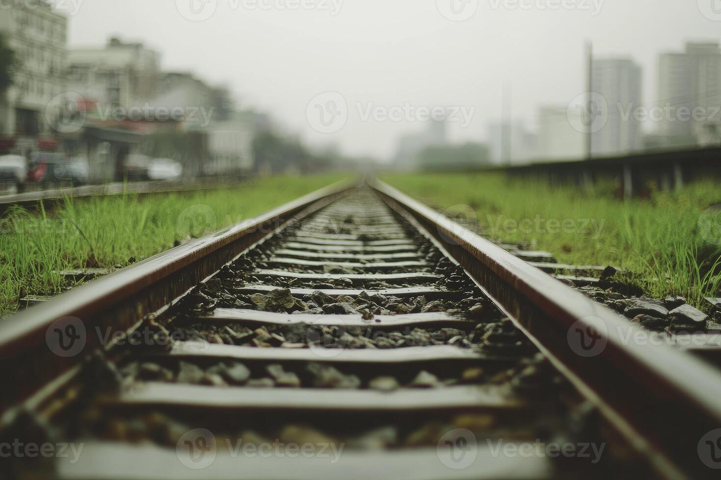 Empty train tracks extending into a hazy cityscape photo