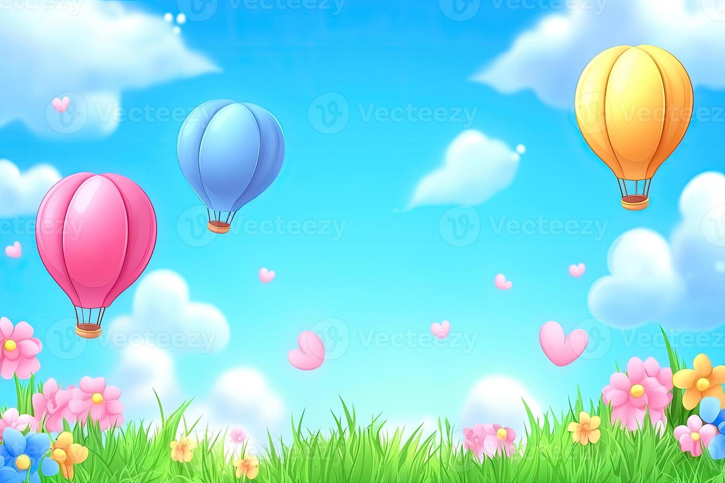 Colorful hot air balloons float over a grassy field filled with flowers and hearts under a bright blue sky photo
