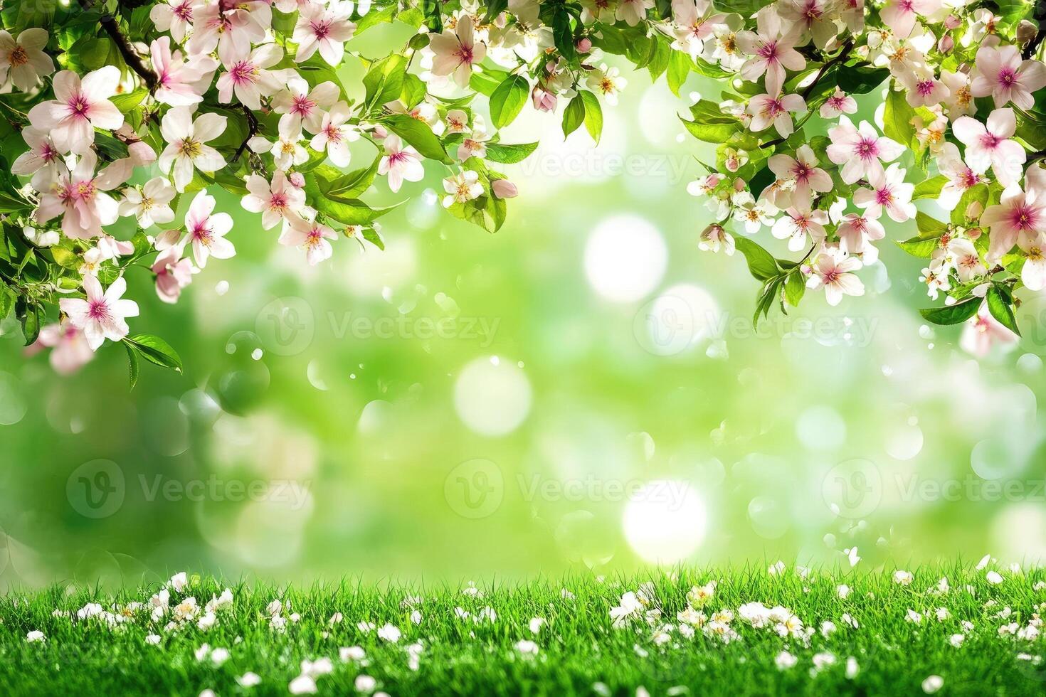 Spring blossoms over a grassy field photo