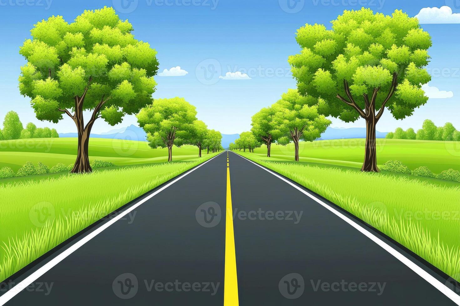 Scenic country road through verdant landscape photo