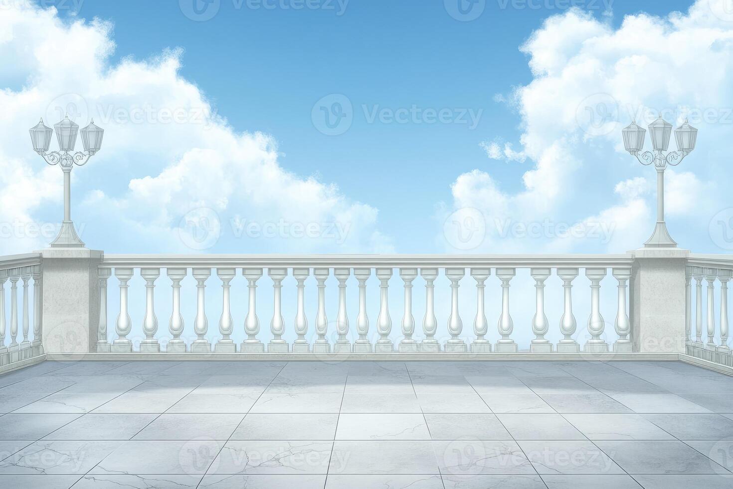 Empty balcony with ornate railing under a partly cloudy sky photo