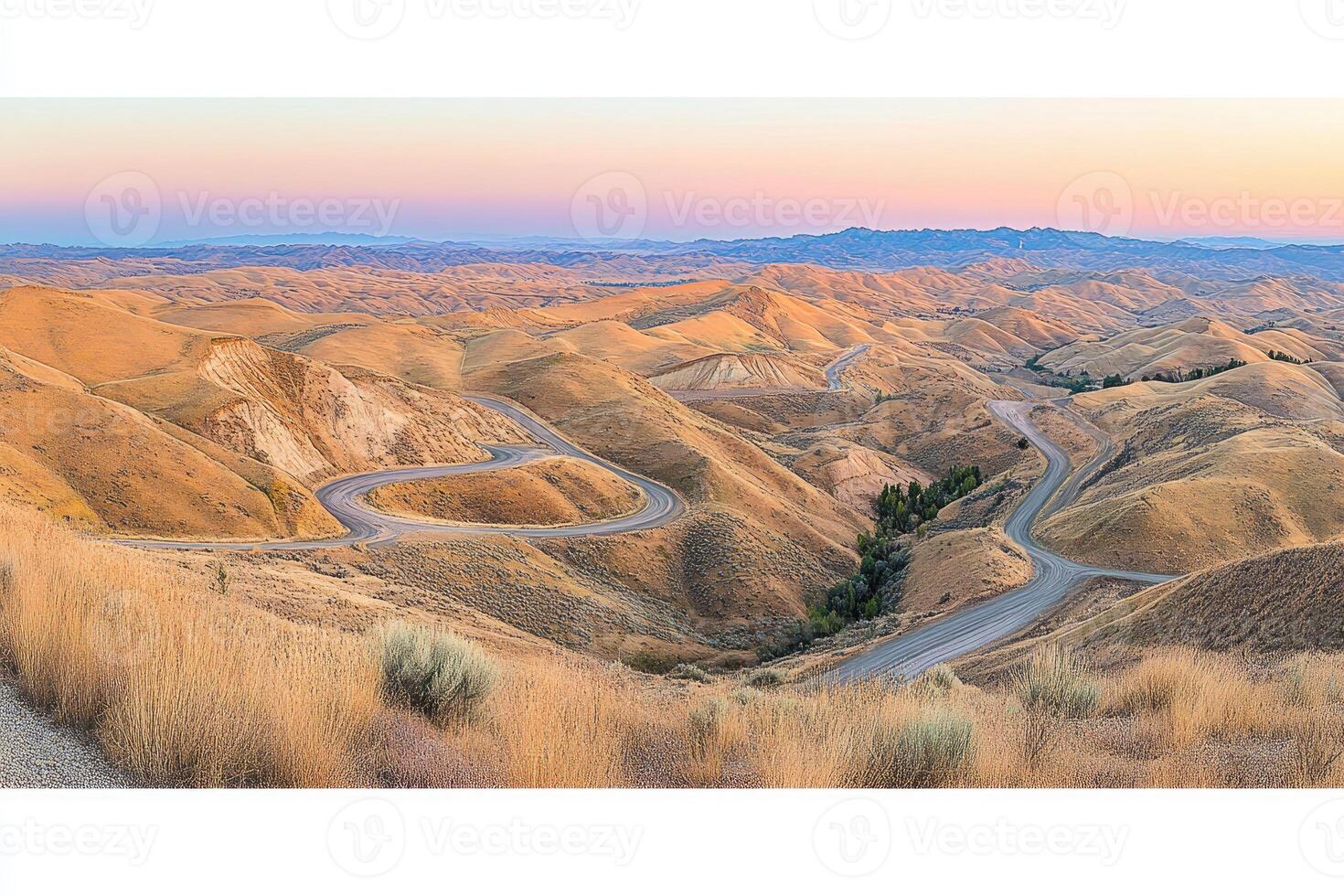 Winding Road Through Golden Hills at Dawn photo