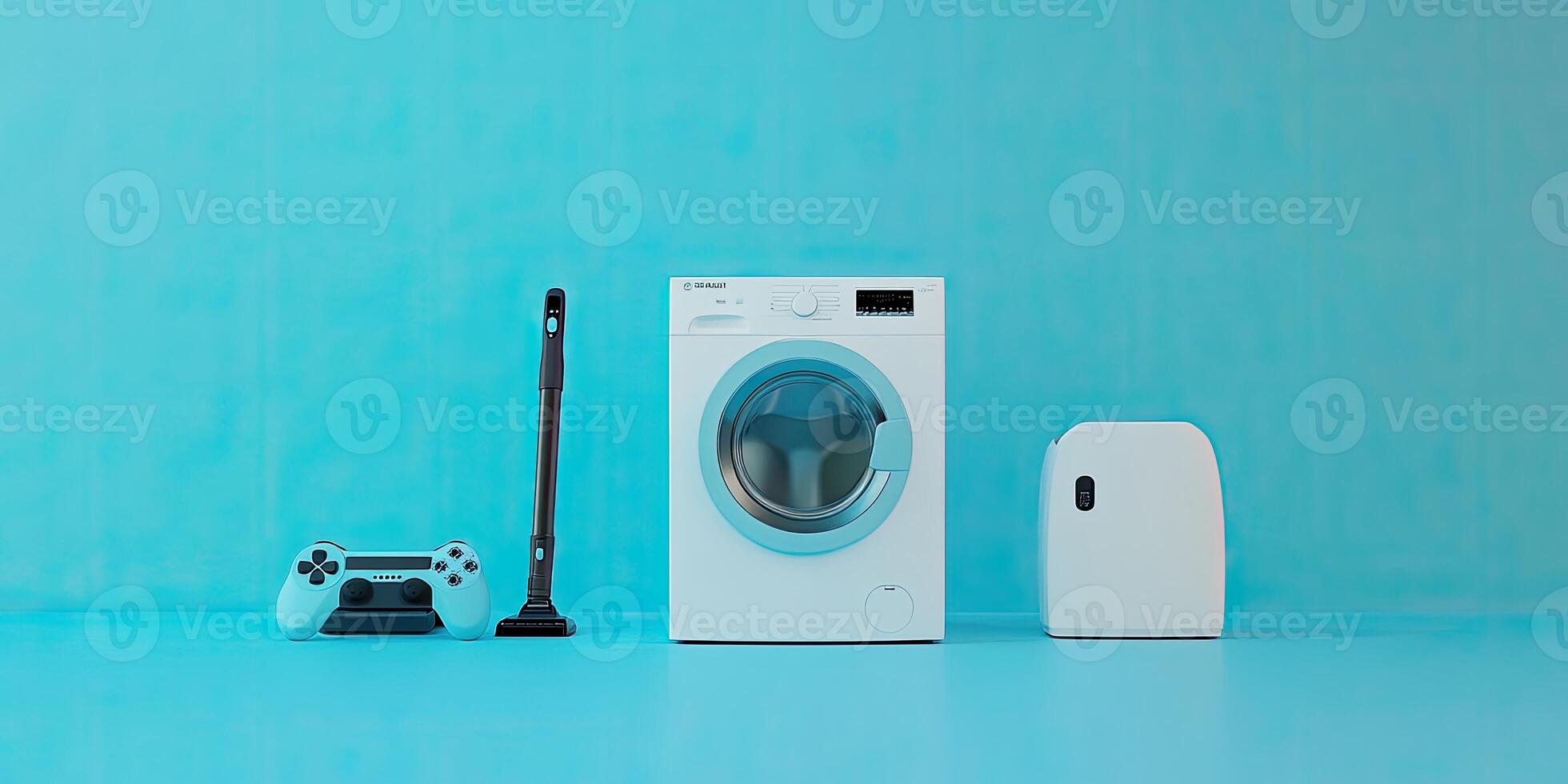 Home essentials displayed on a bright blue surface photo