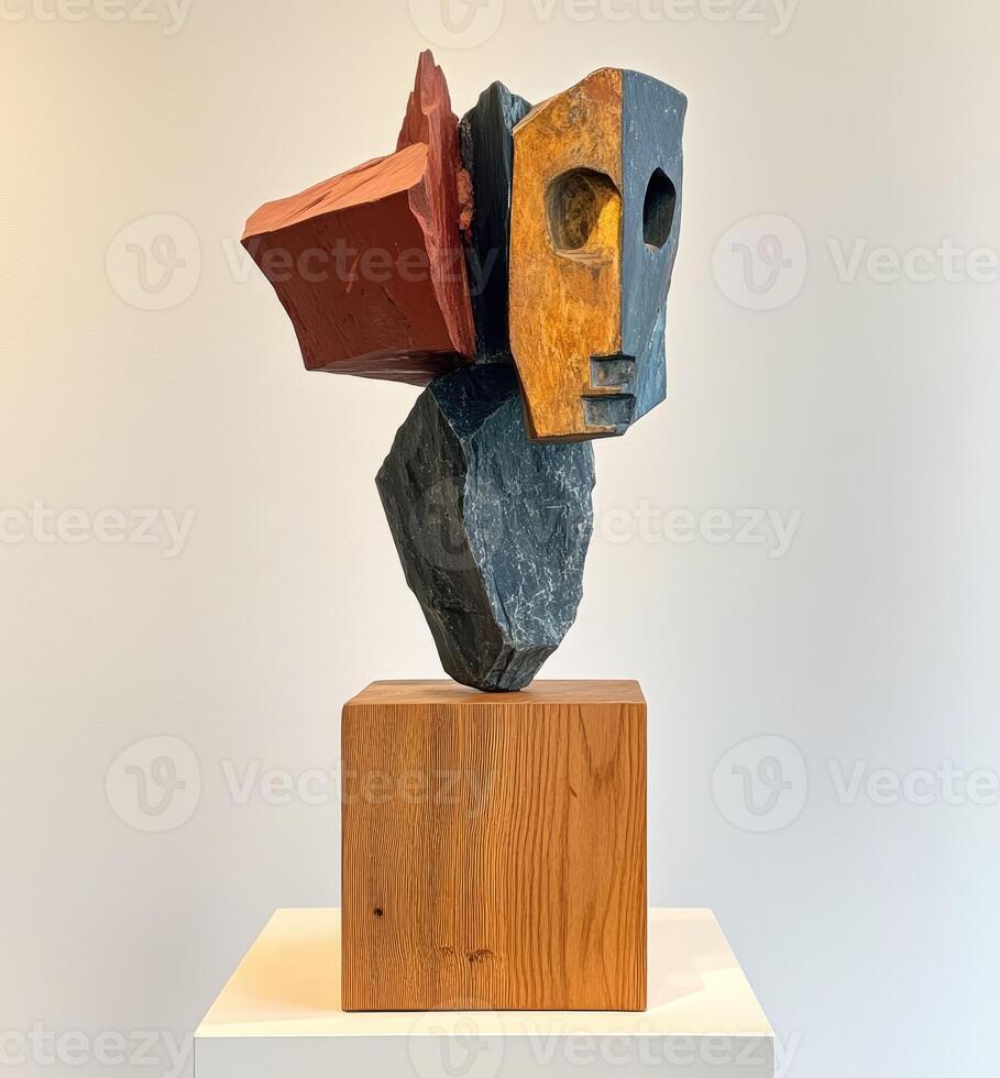 Abstract sculpted head, layered forms in contrasting colors on a wooden base photo
