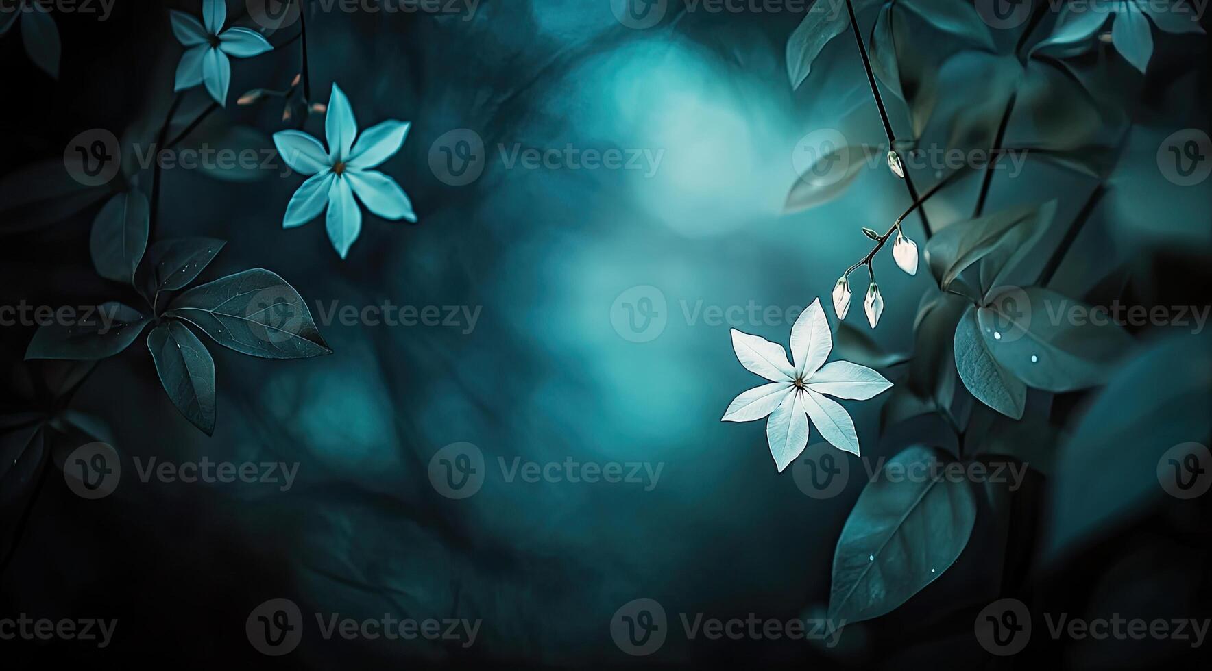 Delicate white flowers in a teal-toned forest setting photo