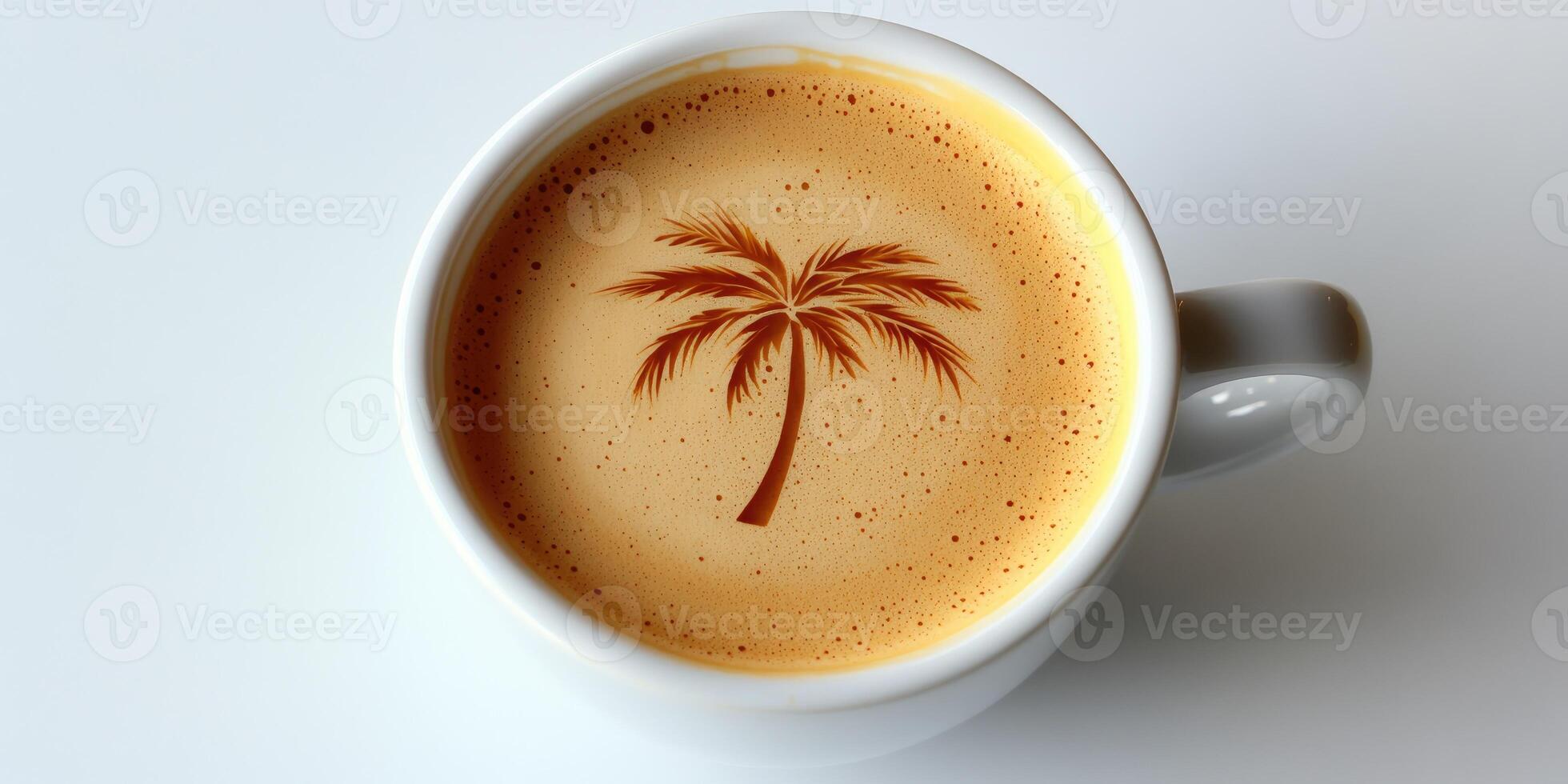 A coffee cup with a palm tree latte art design photo