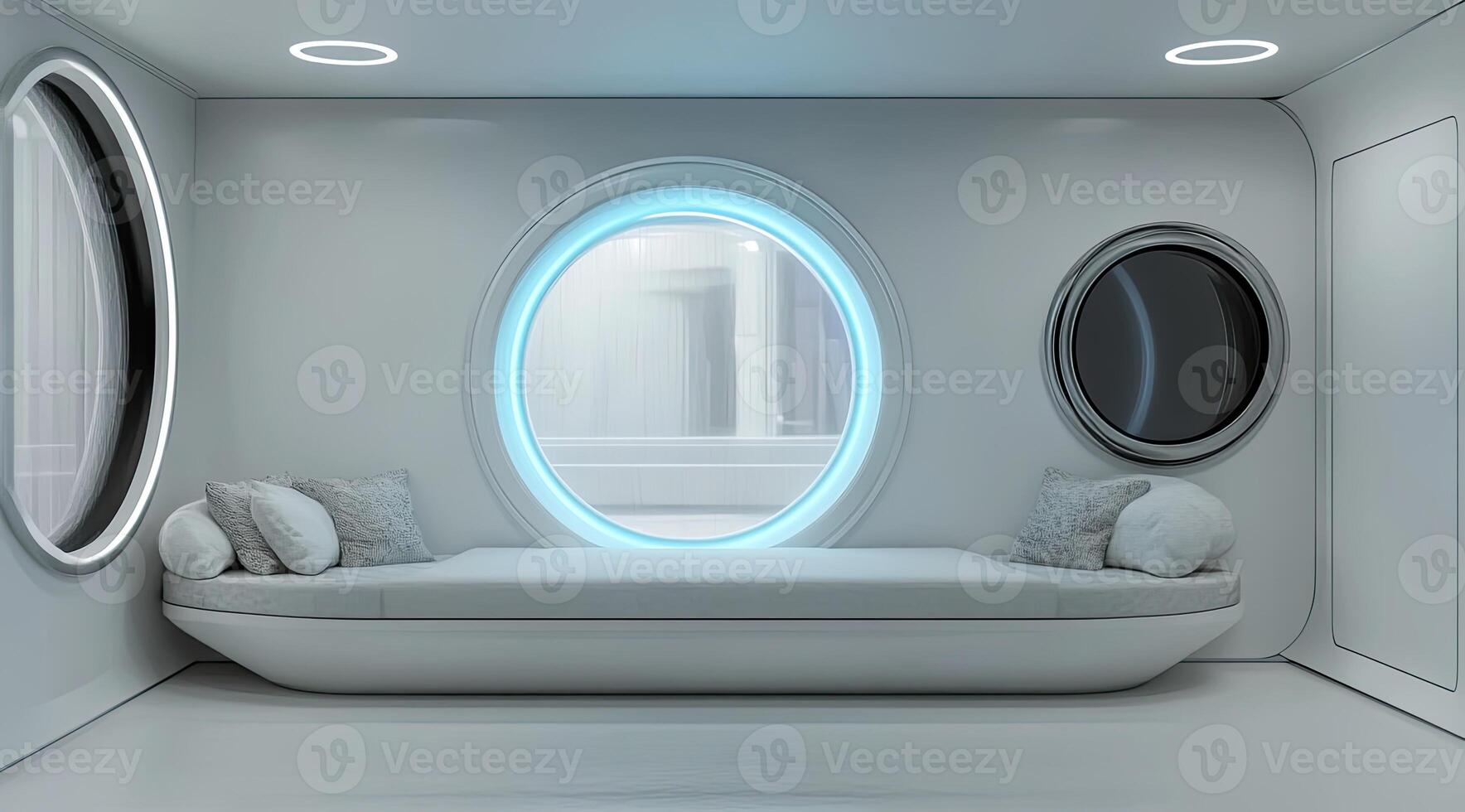 Futuristic, minimalist white room with circular windows and a comfortable seating area photo