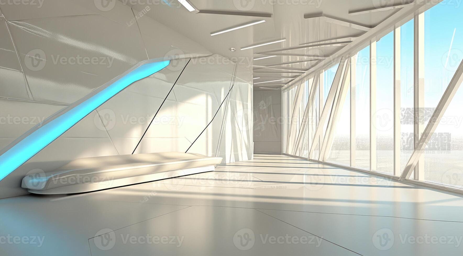 Modern futuristic hallway with a light-blue accent photo