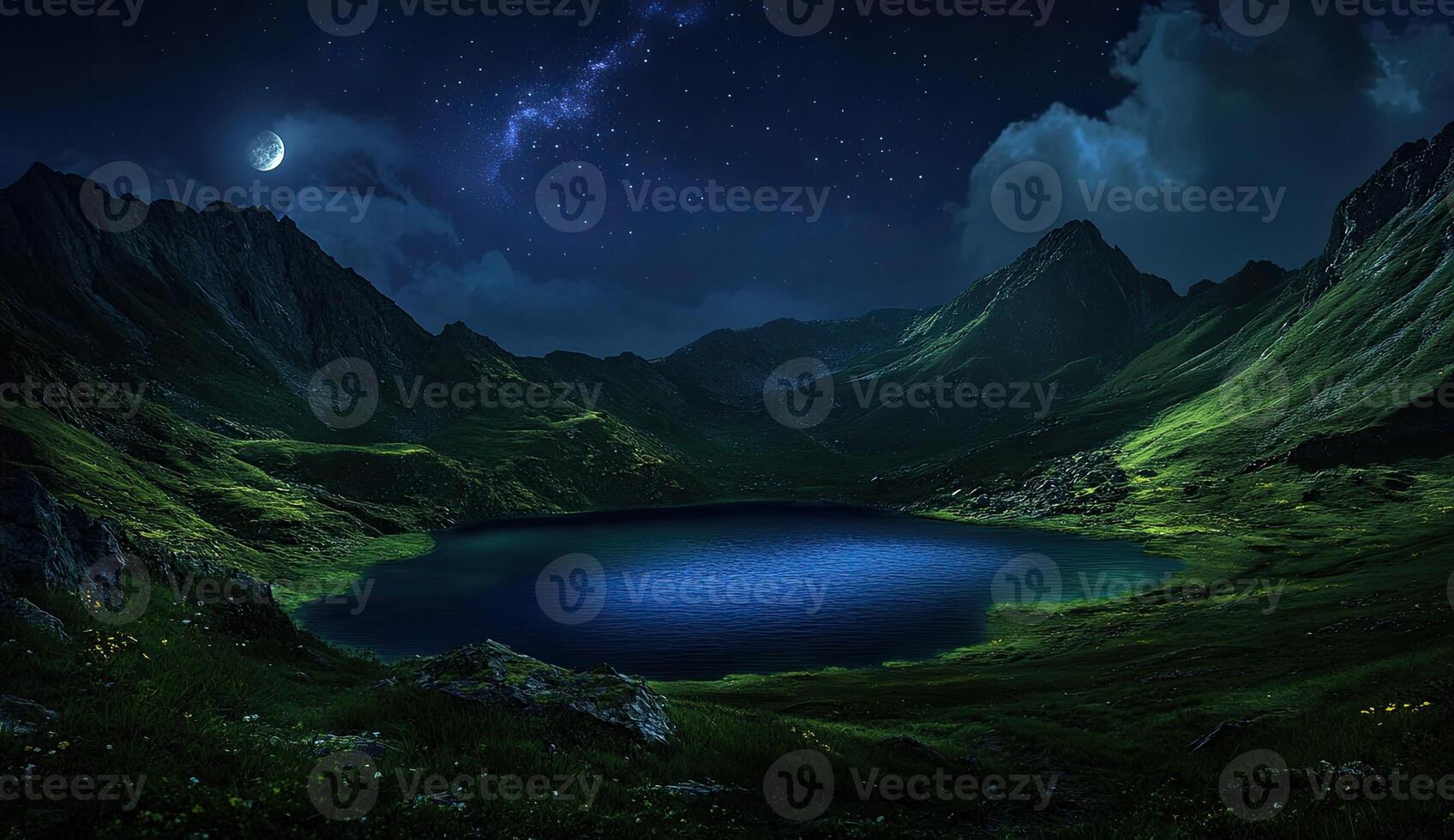 Mountain lake under a starry night sky photo