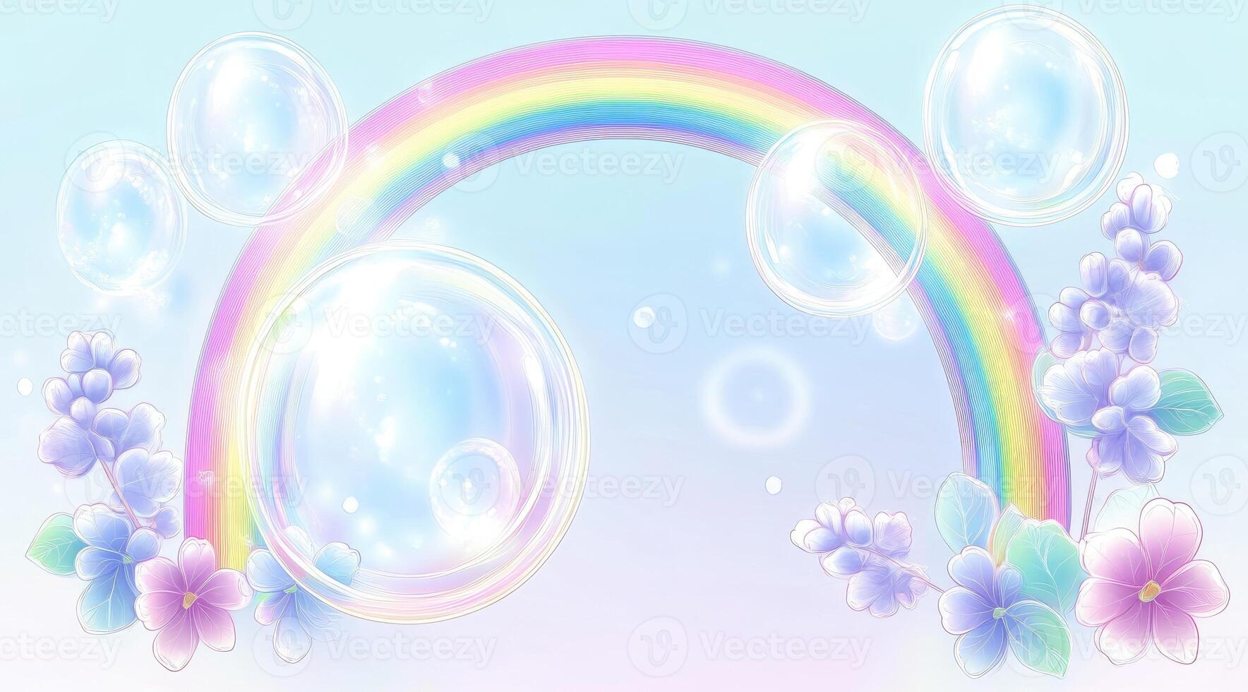 Pastel rainbow with bubbles and flowers photo