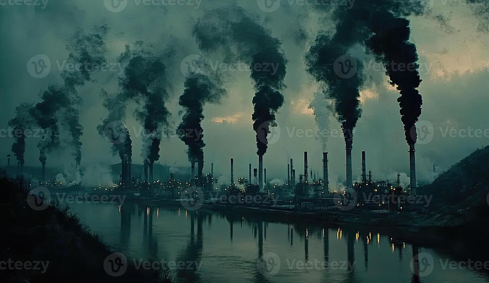 Industrial pollution along a river photo