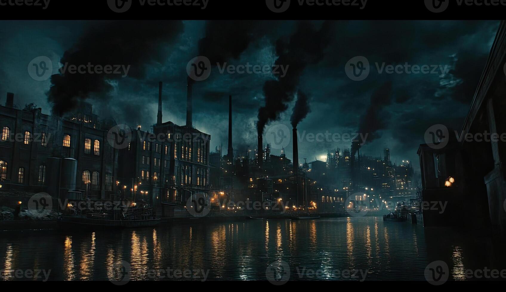 Industrial city at night, dark and smoky photo