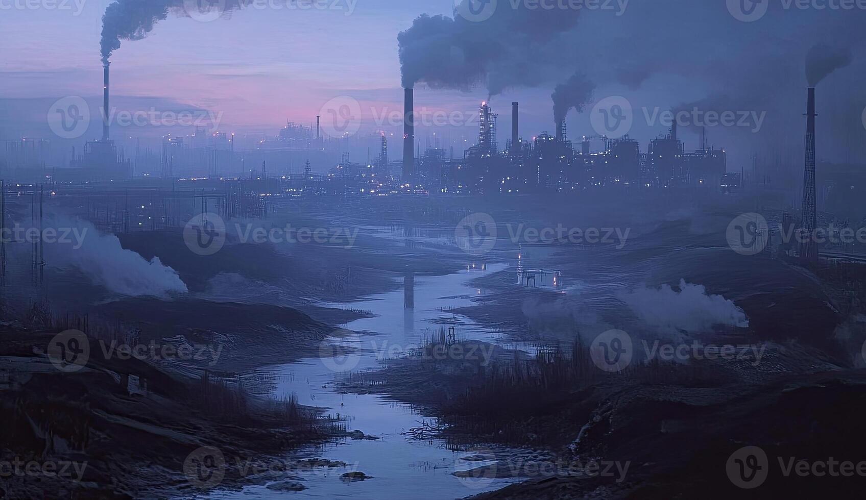 Industrial landscape at dawn, polluted river photo