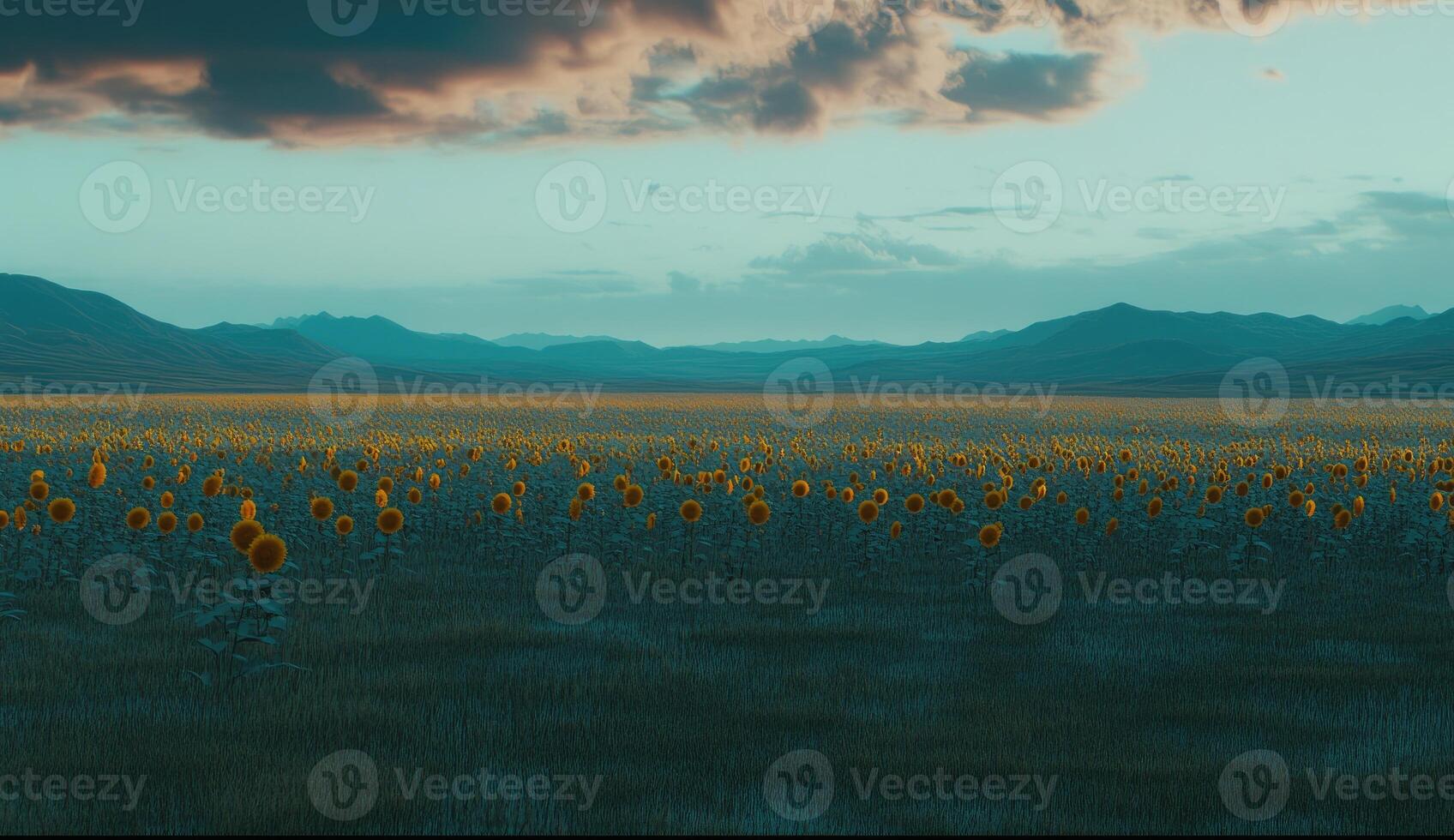 Vast field of sunflowers stretches to distant mountains at twilight photo