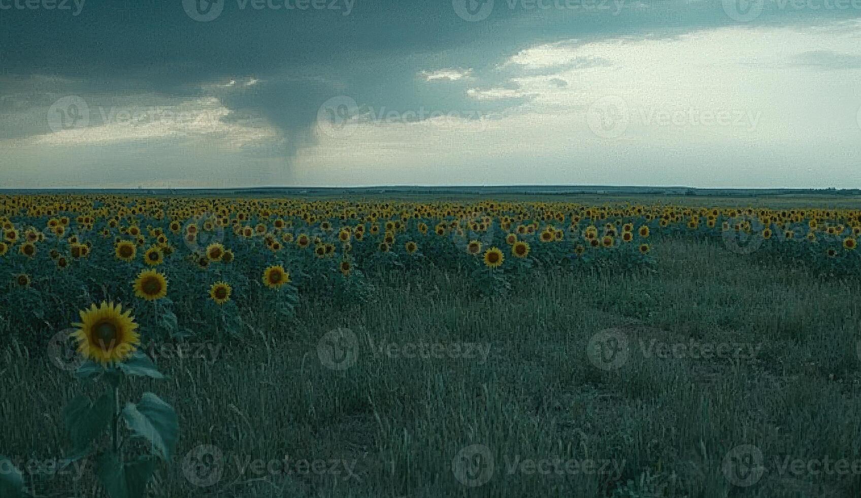 Vast sunflower field under dramatic sky photo