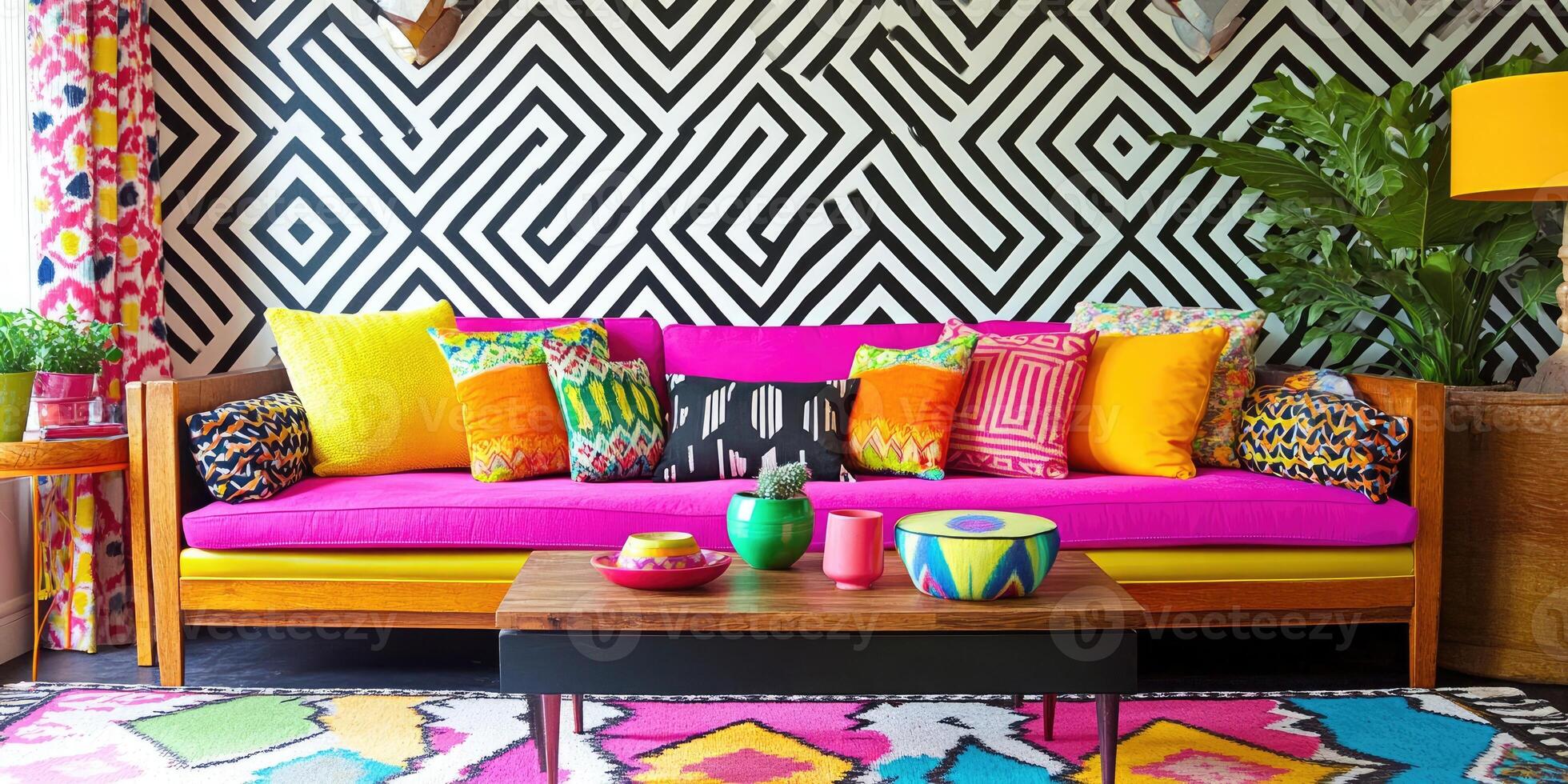 Vibrant living room with bold colors and patterns photo