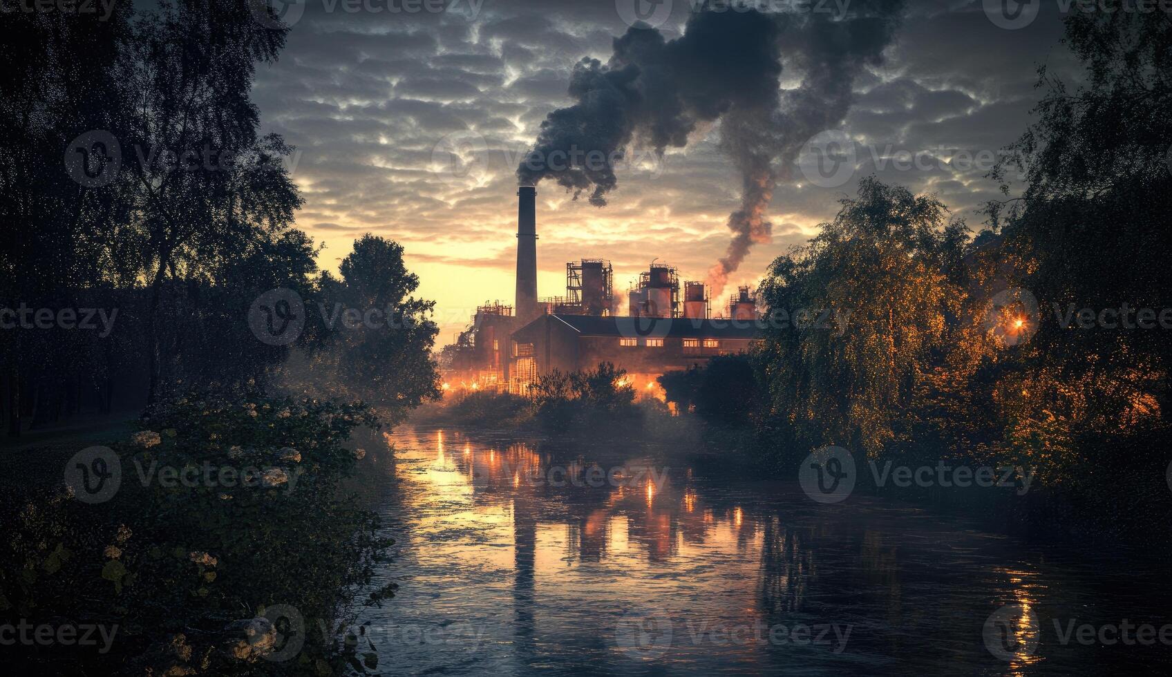 Industrial landscape at dawn with a river. Dark factory buildings, a smoking chimney, and a misty morning photo