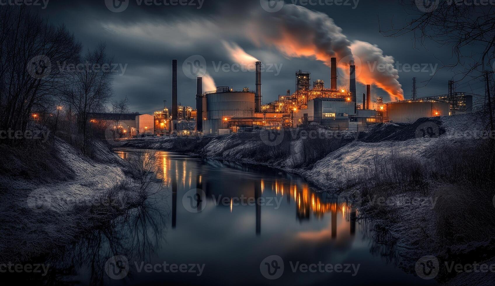 Industrial complex at twilight, reflecting in a frozen river photo