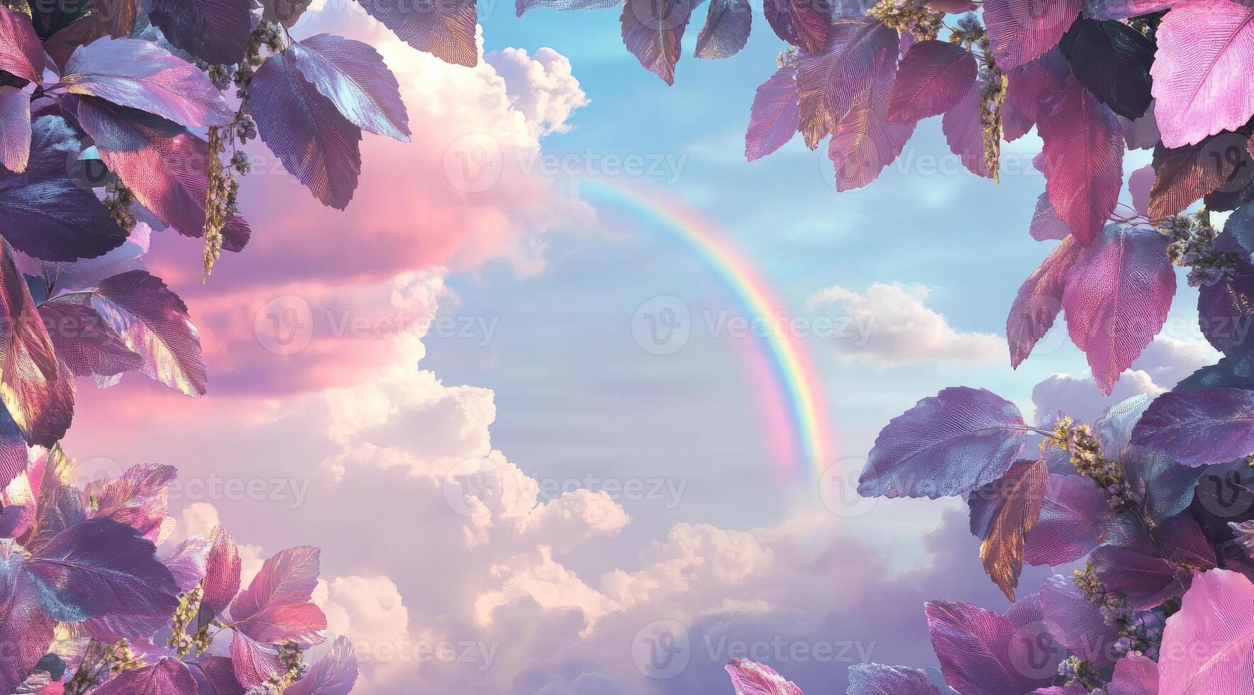 Pastel rainbow framed by leaves photo