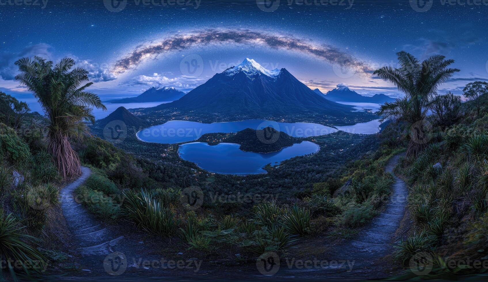Nighttime vista of twin lakes, snow-capped peaks, and milky way. Lush vegetation surrounds a winding path photo