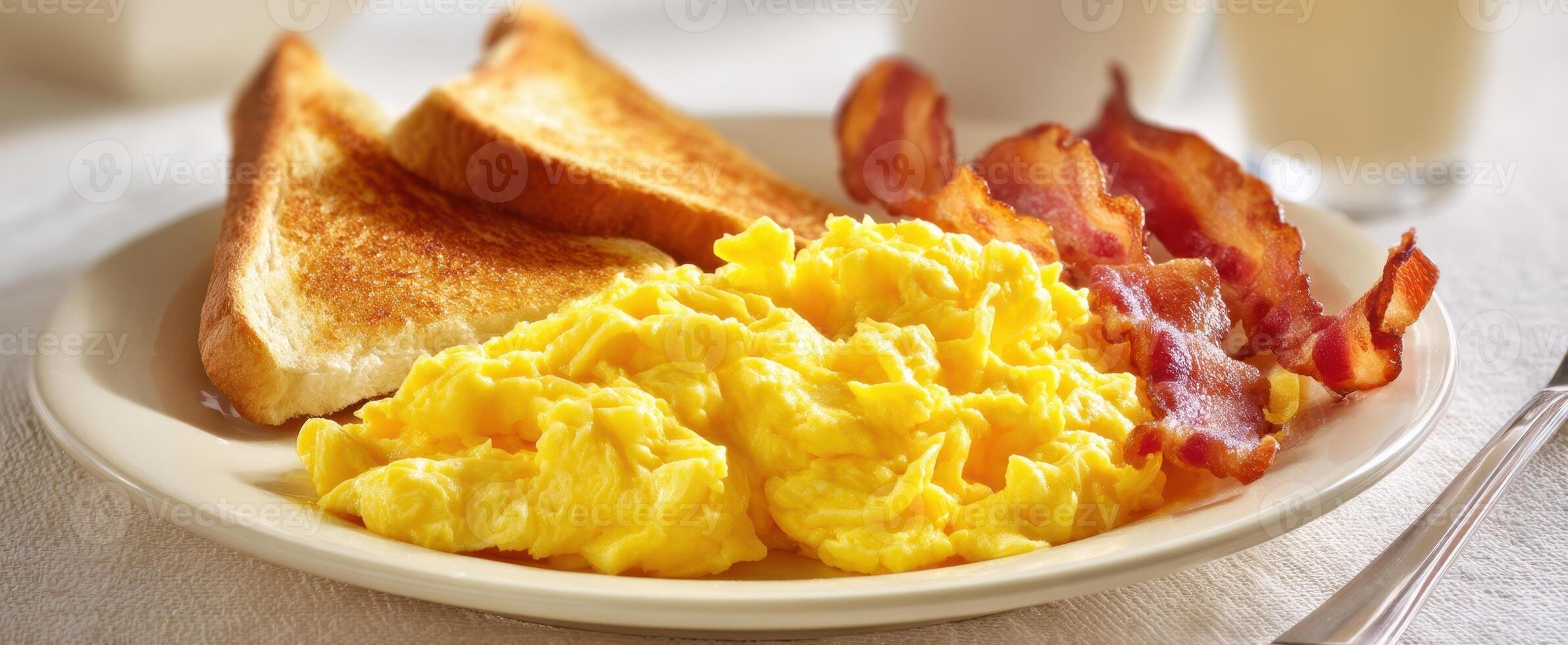 The delicious breakfast featuring scrambled eggs, crispy bacon, and toasted bread. photo