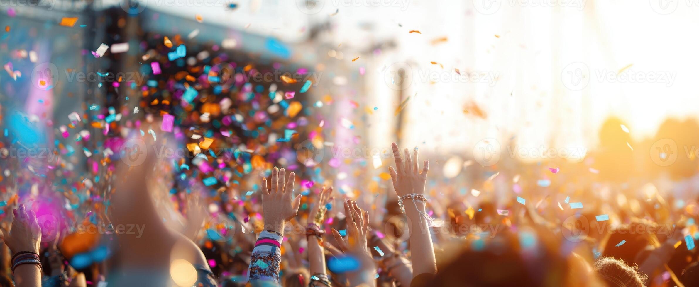 The joyful crowd celebrating at a vibrant outdoor concert with confetti. photo