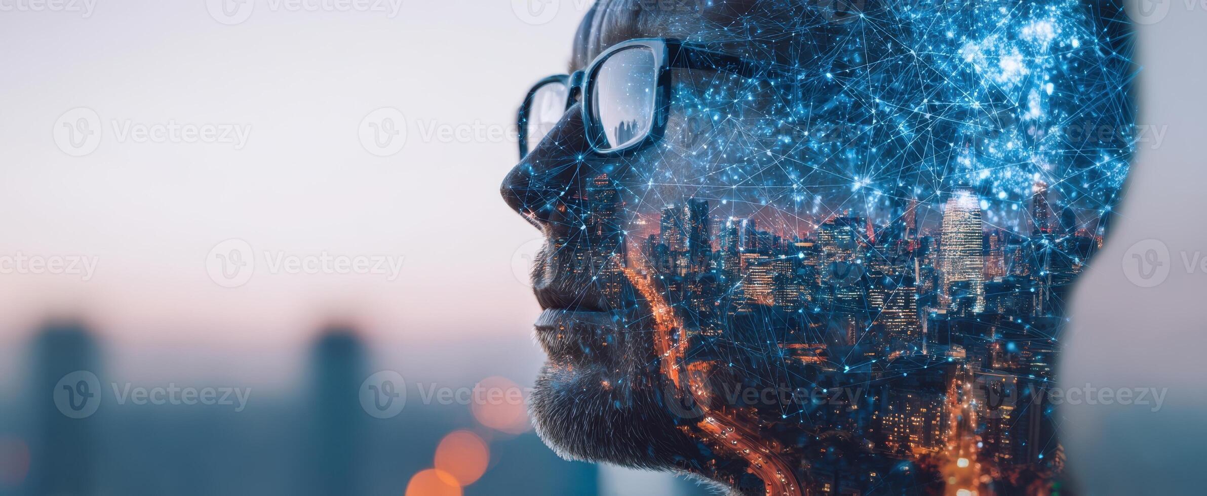 The profile of a human face merged with a bustling cityscape and digital elements. photo