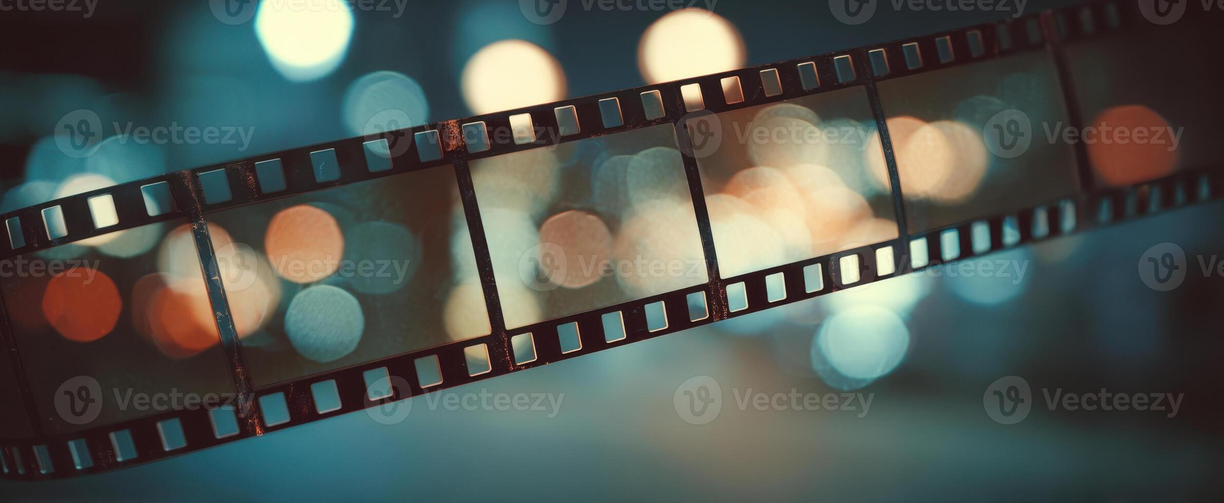 The film strip glimmering against a colorful bokeh background at night. photo