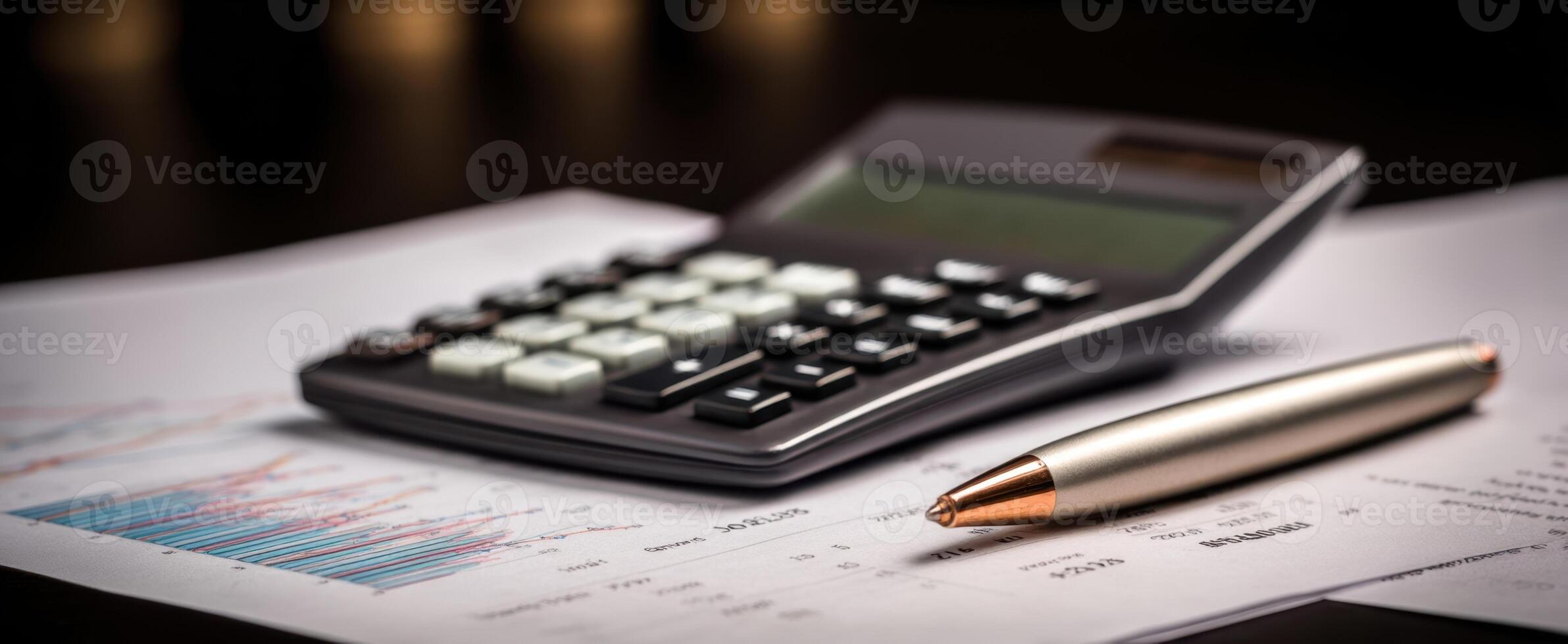 The calculator and pen resting on financial documents in a professional workspace. photo