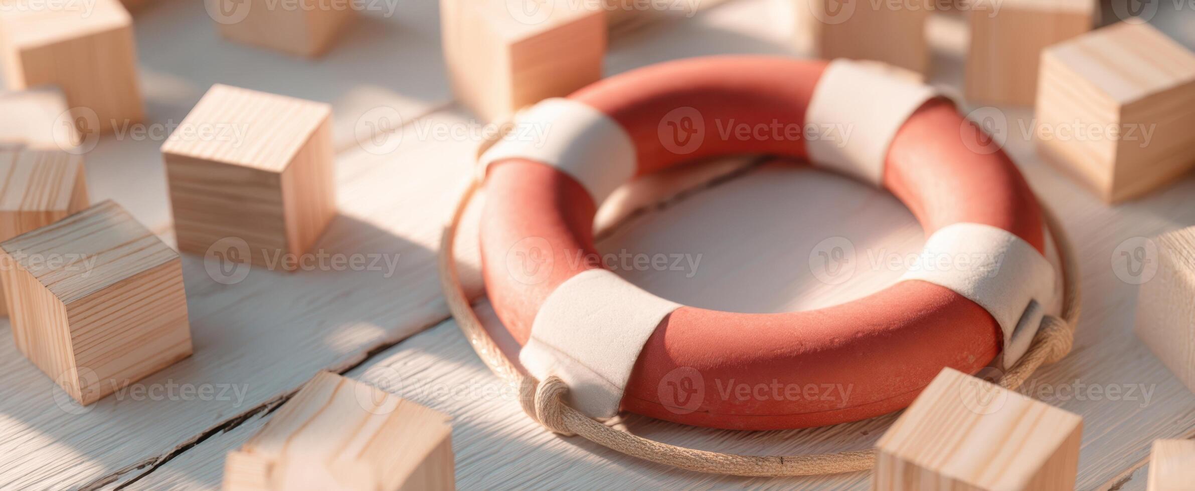 The lifebuoy surrounded by wooden blocks on a sunlit surface. photo