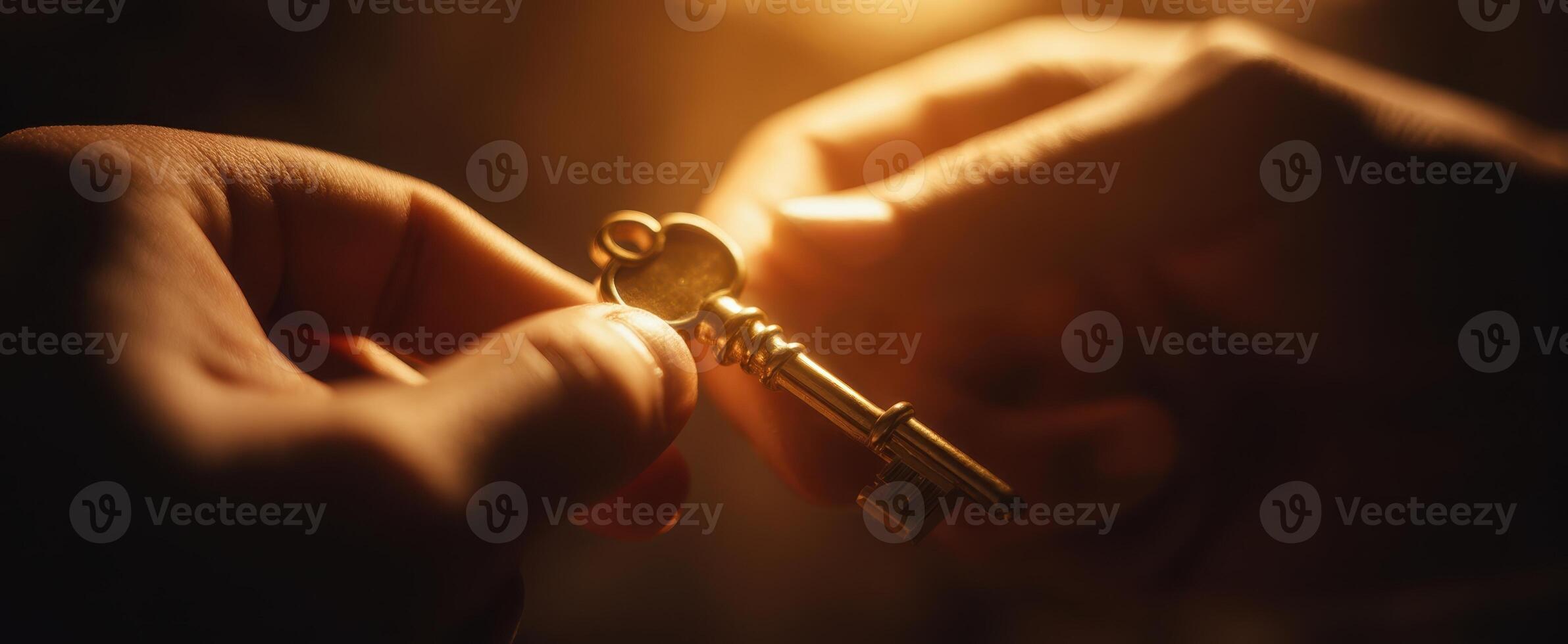 The golden key held in hands illuminated by soft warm light photo